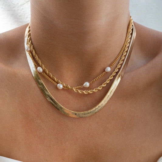 Layered Rope chain, Pearl necklace, snake chain.