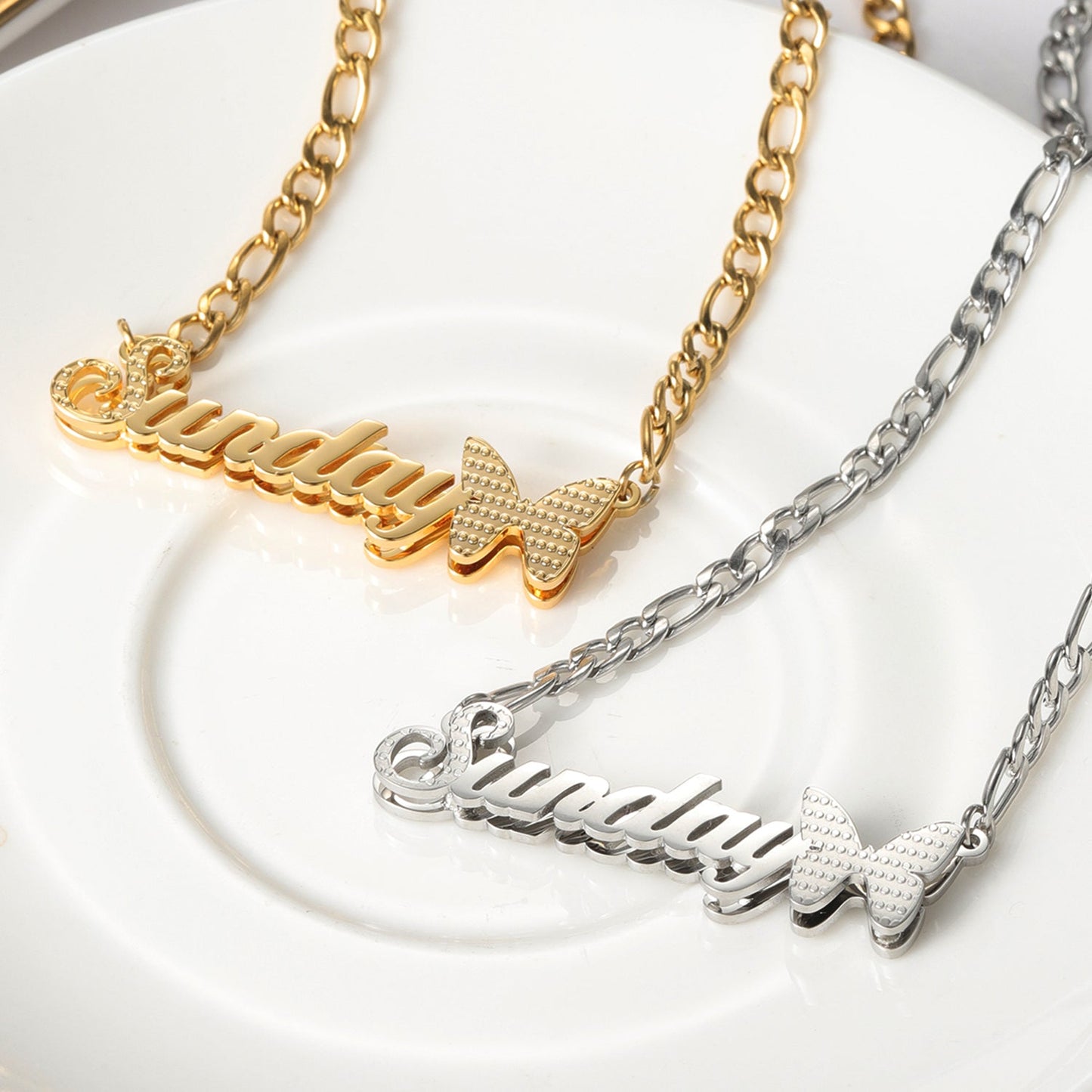 Custom Double Layer Butterfly Nameplate Necklace