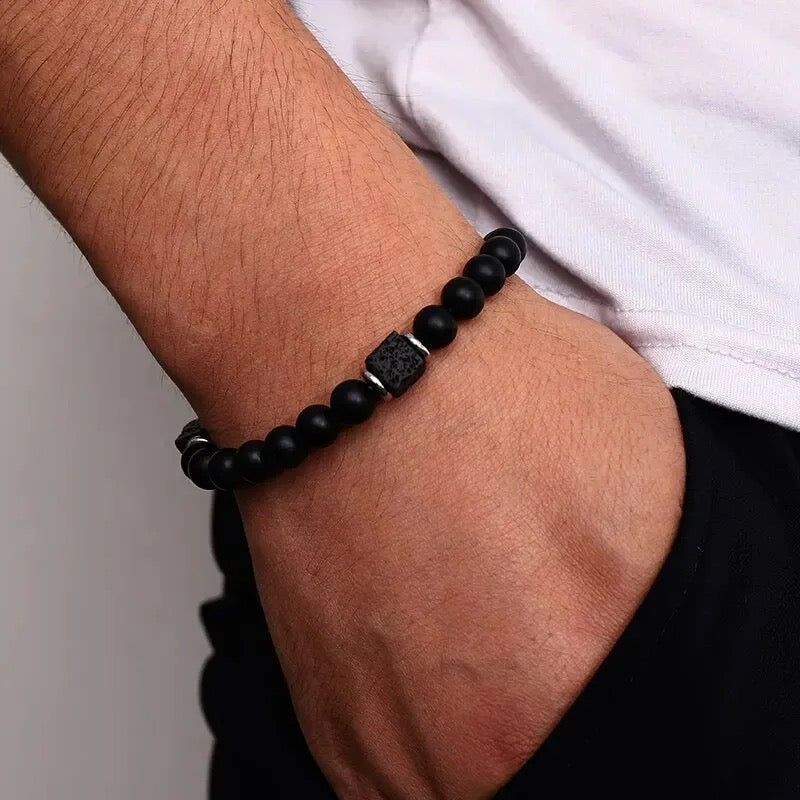 Matte schwarze Onyx -Perle und Lava -Armband