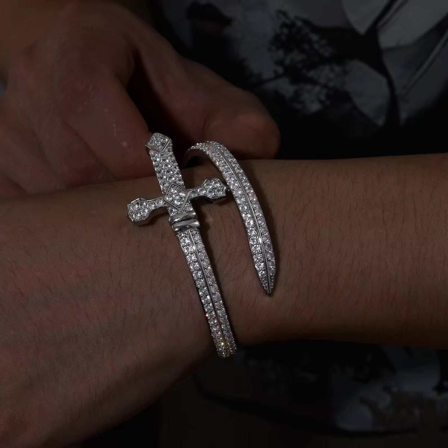 VVS Moissanite Diamond Iced Out Sword Cross Bangle