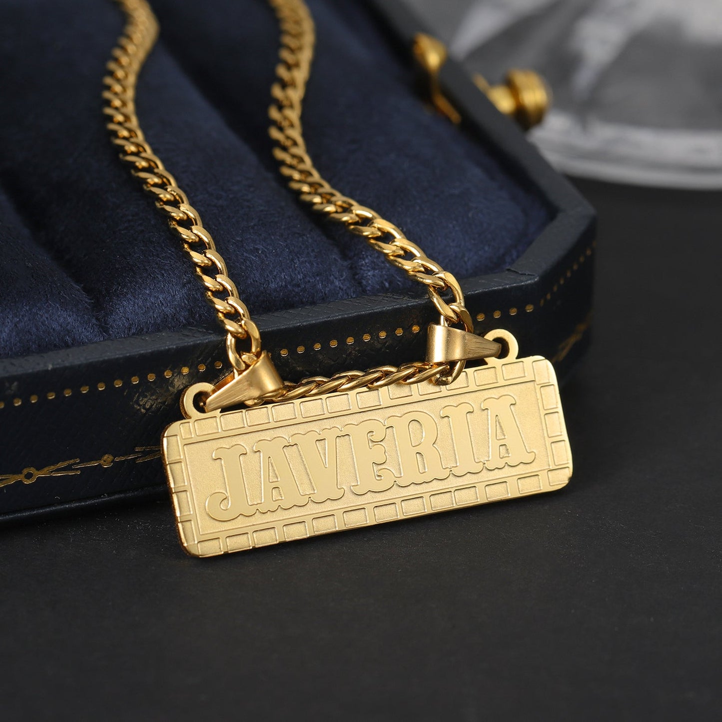 Embossed name plate necklace