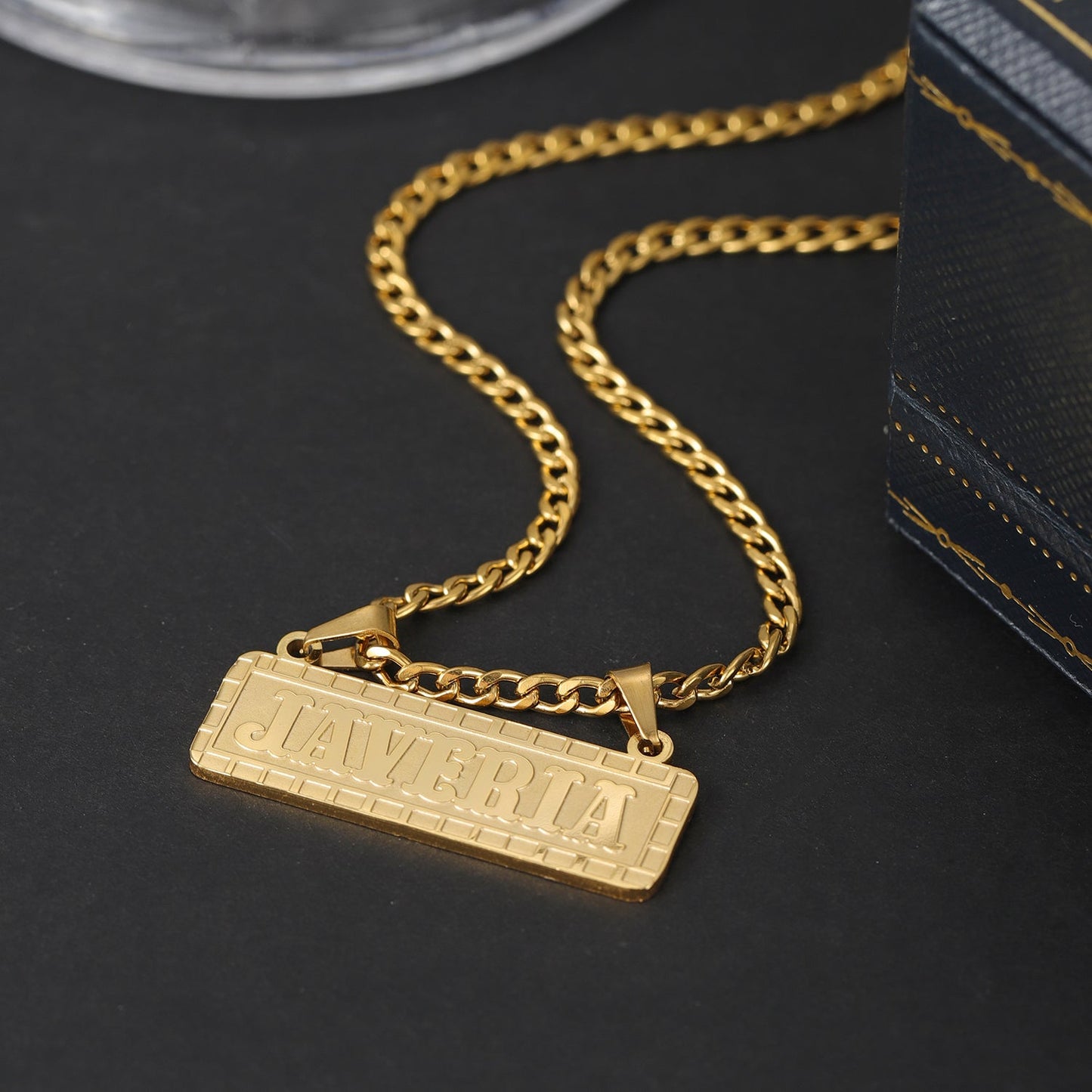 Embossed name plate necklace