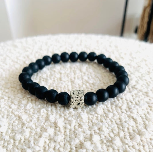 Matte Black Onyx Bead Bracelet with Silver Lava Stone