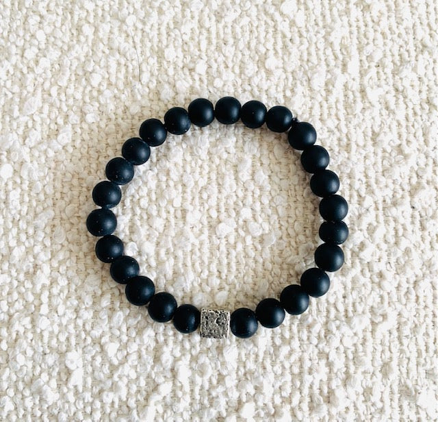 Matte Black Onyx Bead Bracelet with Silver Lava Stone