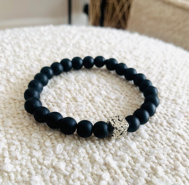 Matte Black Onyx Bead Bracelet with Silver Lava Stone