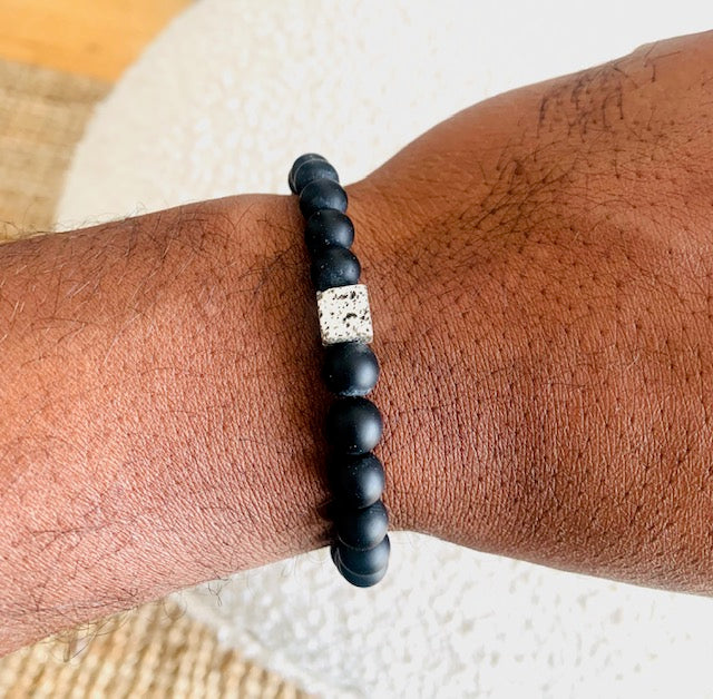 Matte Black Onyx Bead Bracelet with Silver Lava Stone