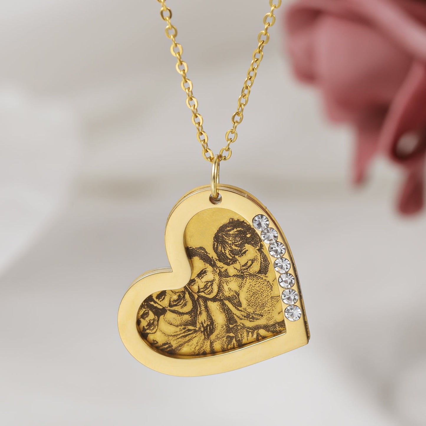 Custom Picture Engraved Heart Diamond Necklace