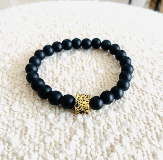 Matte Black Onyx Bead Bracelet with Gold Lava Stone