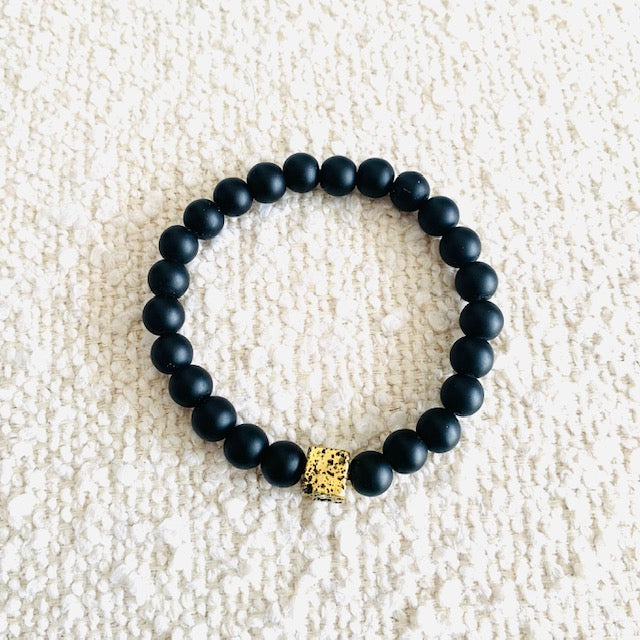 Matte Black Onyx Bead Bracelet with Gold Lava Stone