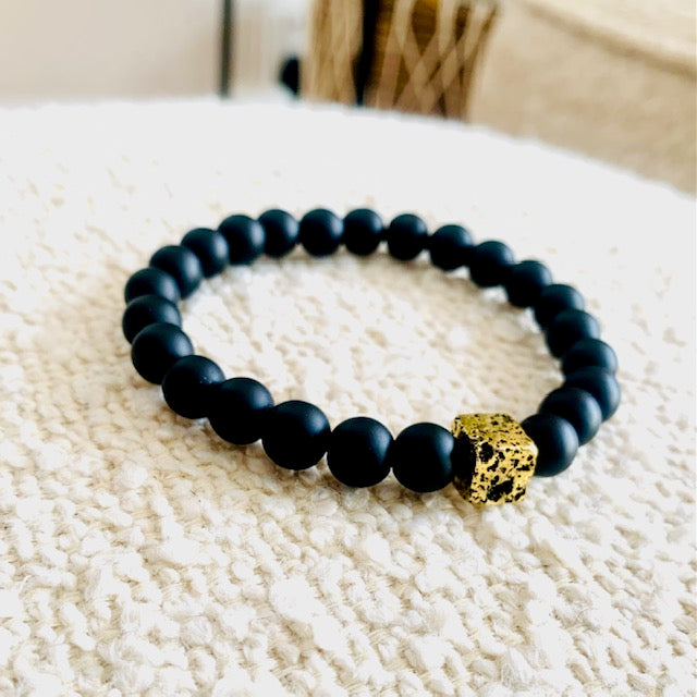 Matte Black Onyx Bead Bracelet with Gold Lava Stone