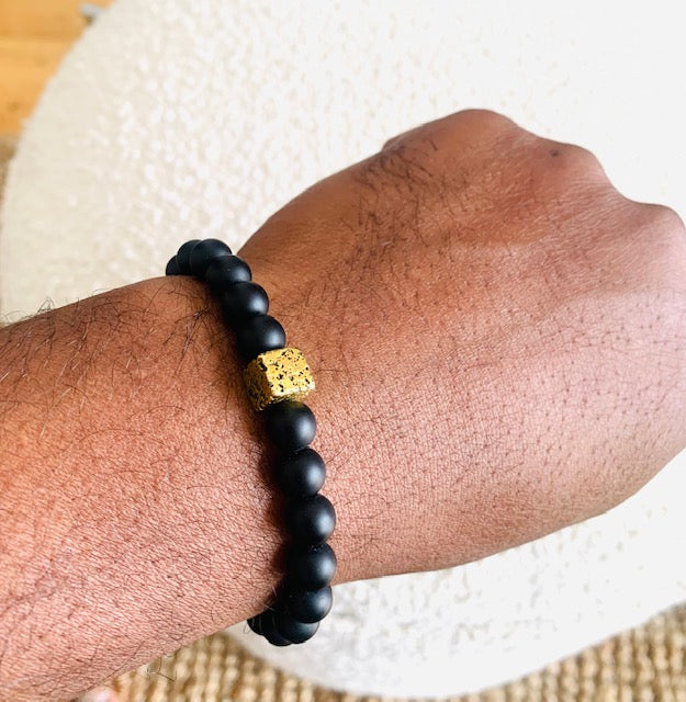 Matte Black Onyx Bead Bracelet with Gold Lava Stone