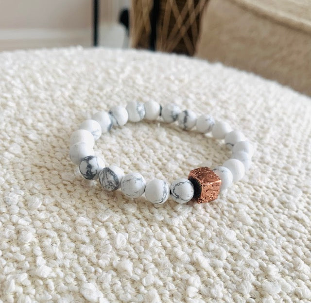 Howlite Bead Bracelet with Rose Gold Lava Stone