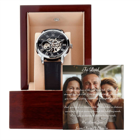 Fathers Day Gift | Aangepaste berichtenkaart, luxe box & openwork -horloge