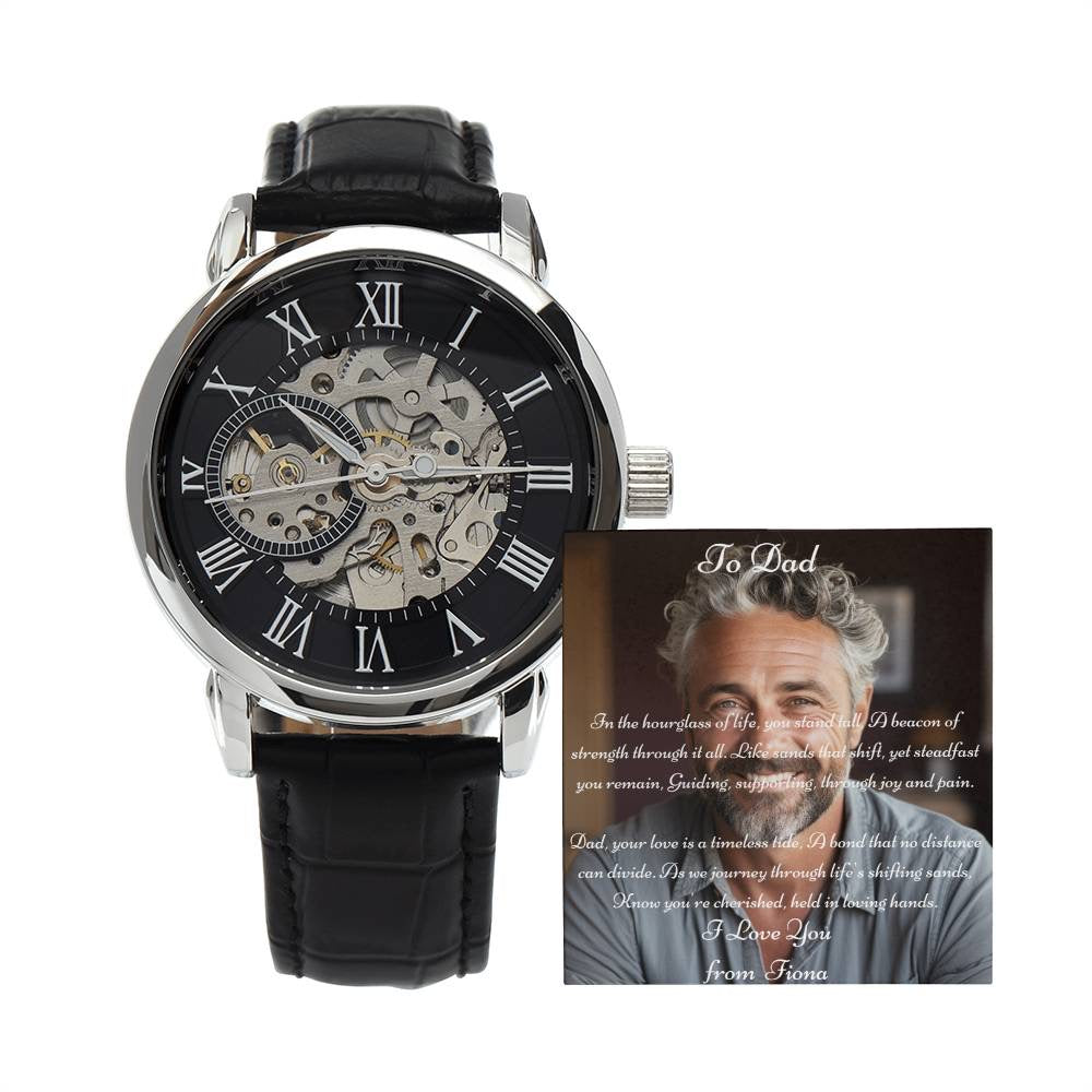 Fathers Day Gift | Aangepaste berichtenkaart, luxe box & openwork -horloge