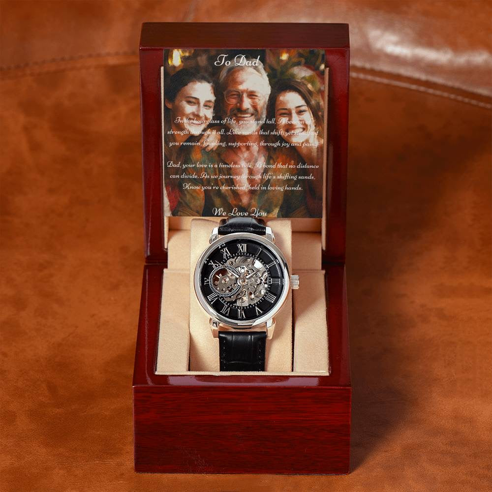 Regalo del día del padre | Tarjeta de mensaje personalizada, caja de lujo y reloj Openwork