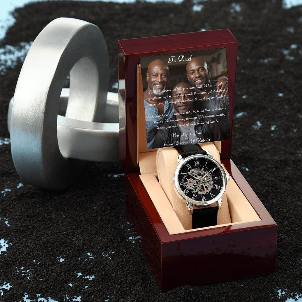 Regalo del día del padre | Tarjeta de mensaje personalizada, caja de lujo y reloj Openwork