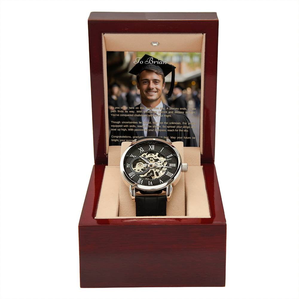 Afstudeercadeau voor zoon | Aangepaste berichtenkaart, luxe box & openwork -horloge