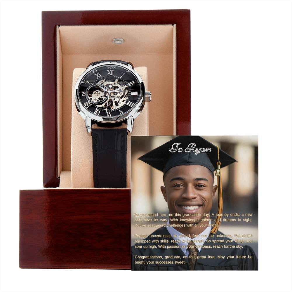 Graduation Gift For Son | Custom Message Card, Luxury Box & Openwork Watch