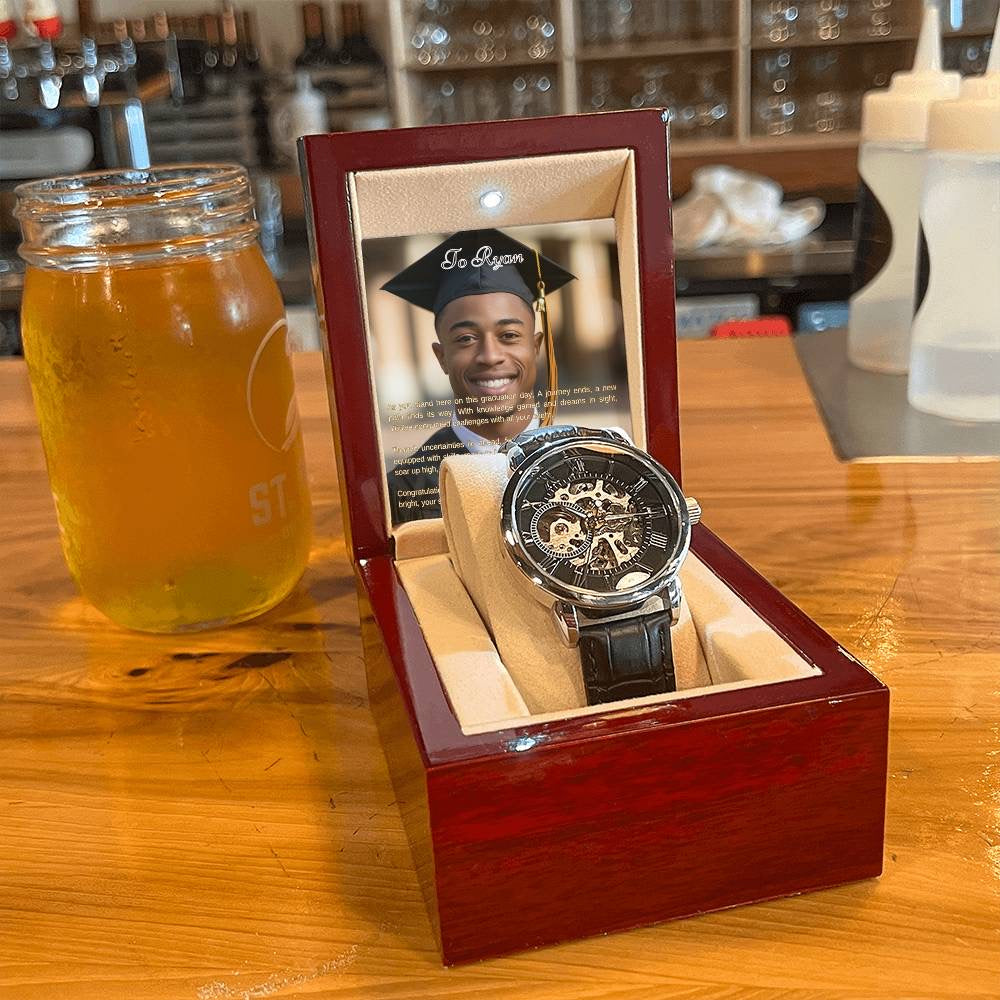 Graduation Gift For Son | Custom Message Card, Luxury Box & Openwork Watch