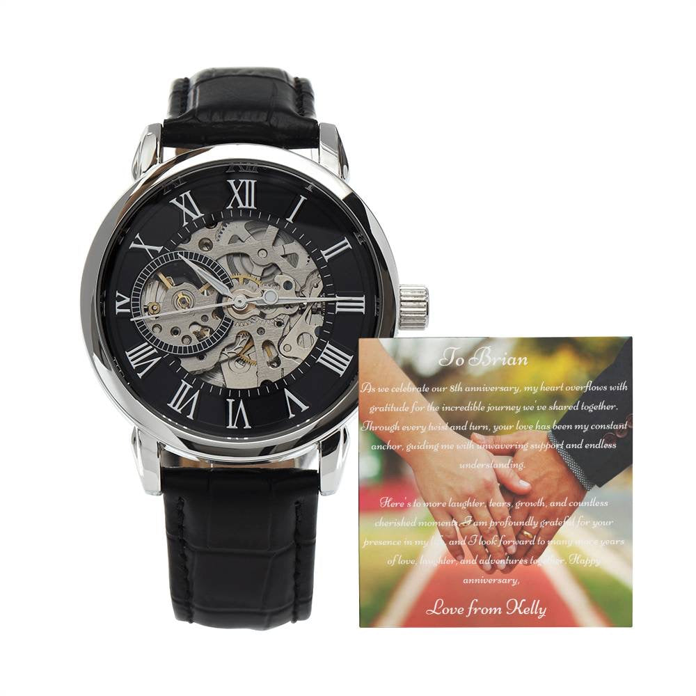 Anniversary Gift For Husband | Custom Message Card, Luxury Box & Openwork Watch