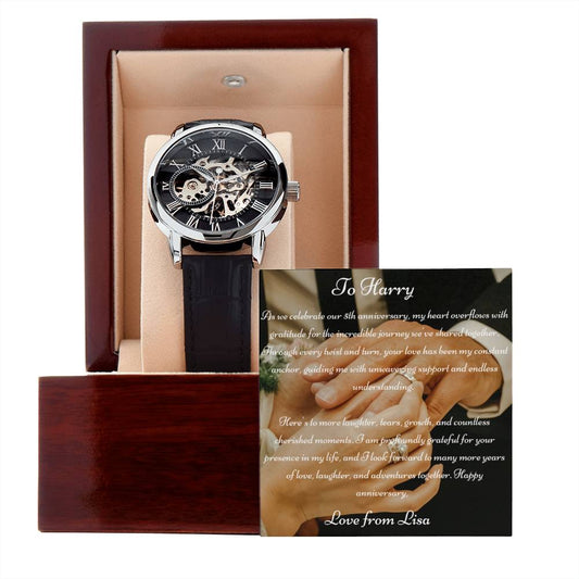 Anniversary Gift For Husband | Custom Message Card, Luxury Box & Openwork Watch