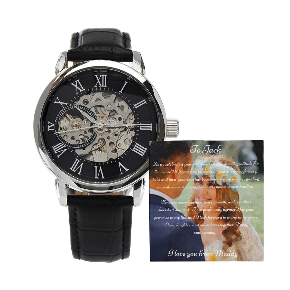 Anniversary Gift For Husband | Custom Message Card, Luxury Box & Openwork Watch