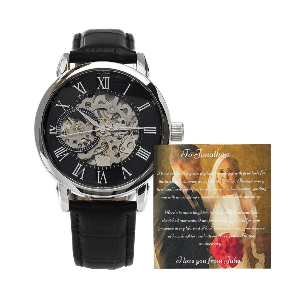 Anniversary Gift For Husband | Custom Message Card, Luxury Box & Openwork Watch