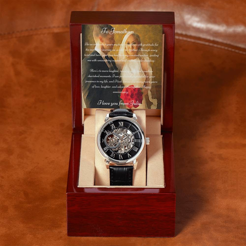 Anniversary Gift For Husband | Custom Message Card, Luxury Box & Openwork Watch