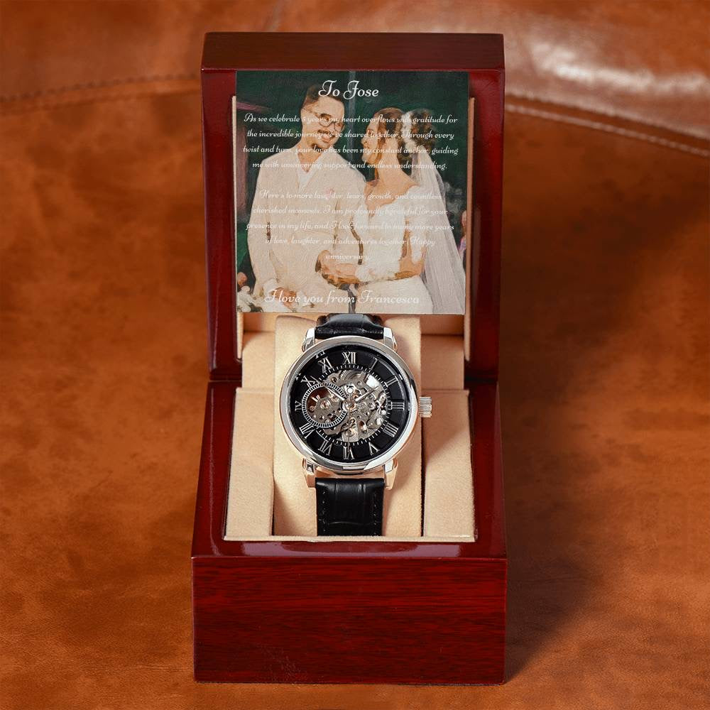 Anniversary Gift For Husband | Custom Message Card, Luxury Box & Openwork Watch