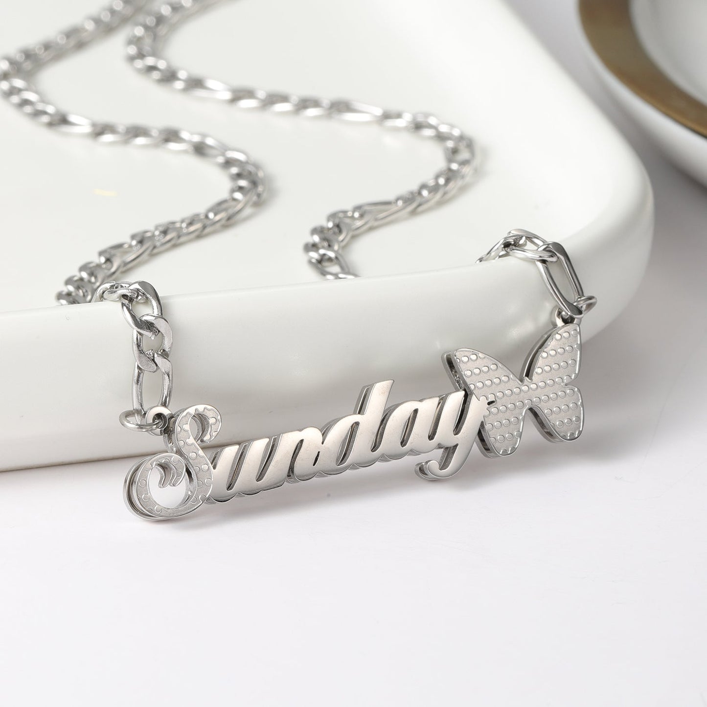 Custom Double Layer Butterfly Nameplate Necklace