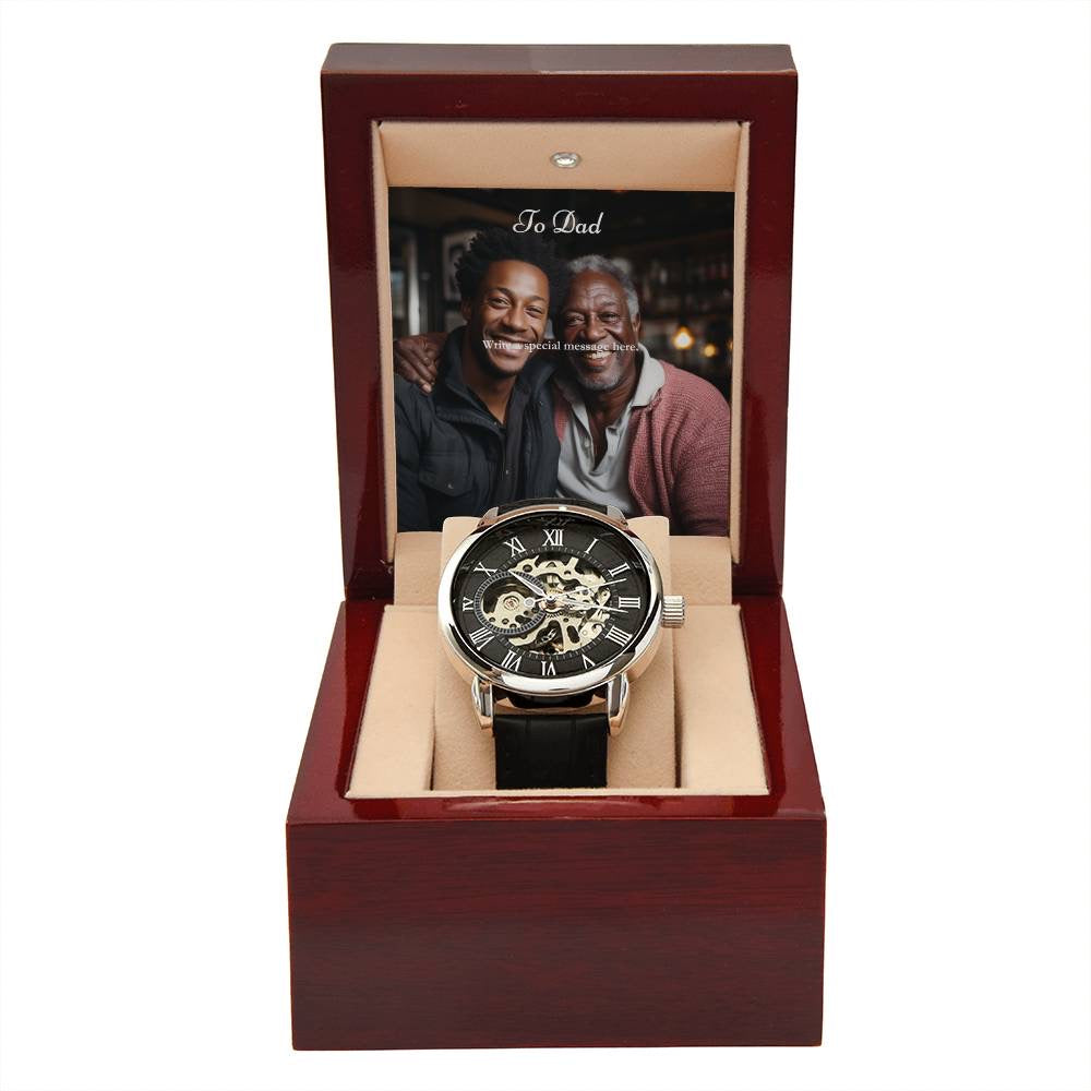 Fathers Day Gift | Aangepaste berichtenkaart, luxe box & openwork -horloge