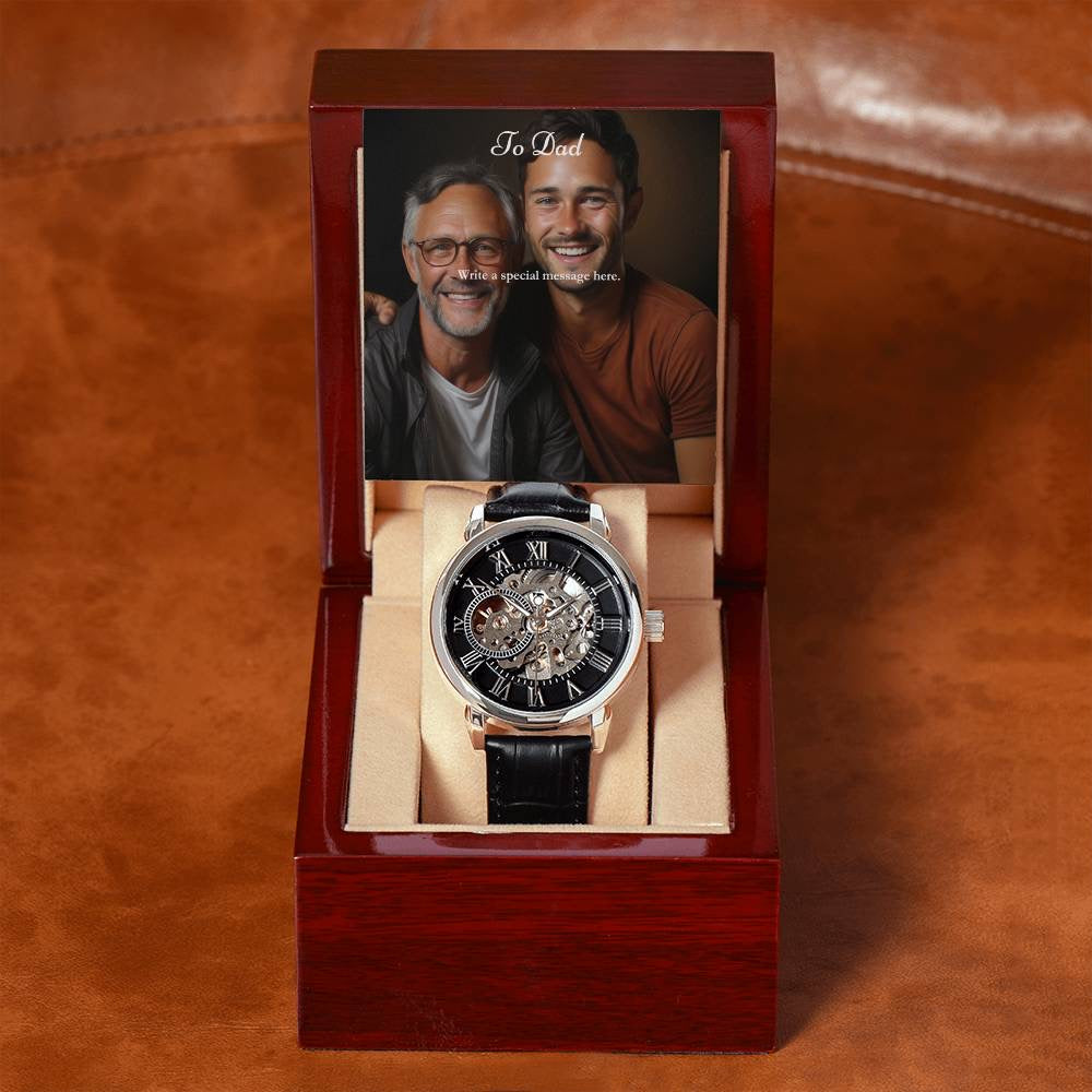 Regalo del día del padre | Tarjeta de mensaje personalizada, caja de lujo y reloj Openwork