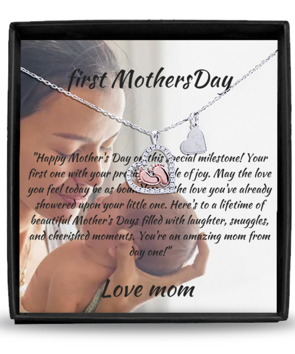 Present for new mother, Custom to first mothers day Message Card & Baby Feet Heart Necklace