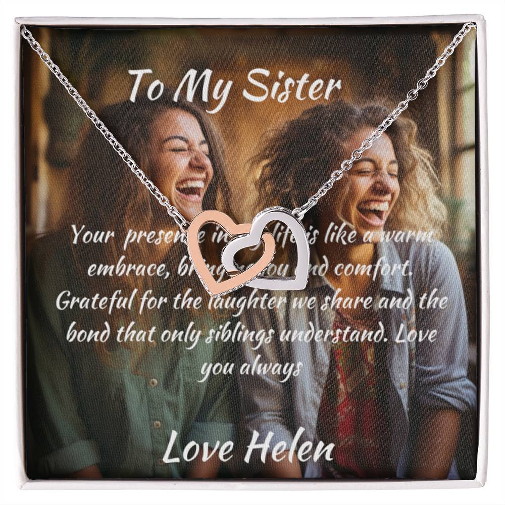 Geschenk für Schwester, individuell an meiner Schwester Message Card & ineinandergreifende Herzen Halskette