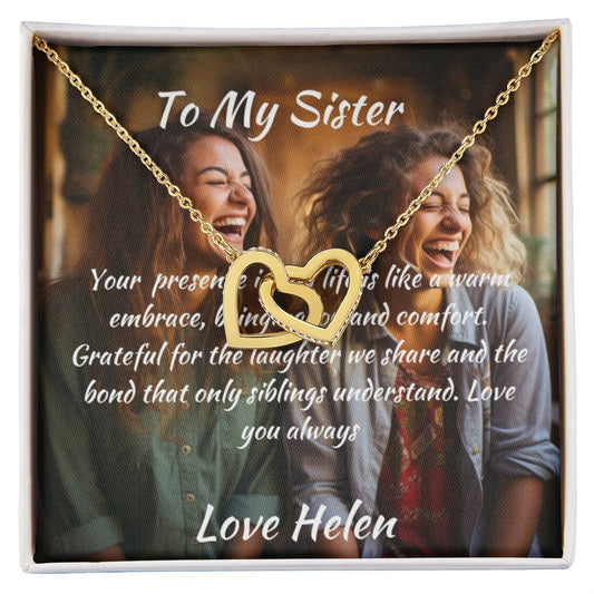 gift for sister, custom to my sister message card & Interlocking Hearts Necklace