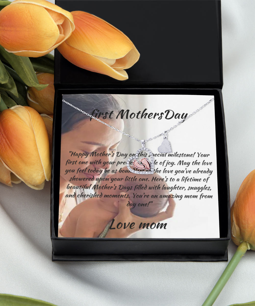 Aanwezig voor nieuwe moeder, Custom to First Mothers Day Message Card & Baby Feet Heart Necklace