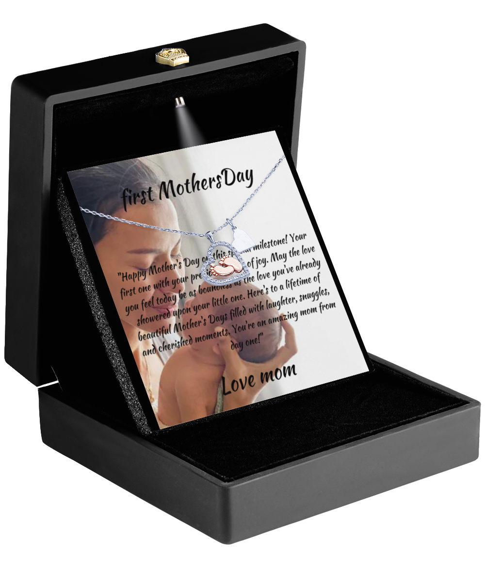 1e Moederdaggeschenken, Custom to First Mothers Day Message Card & Baby Feet Heart ketting