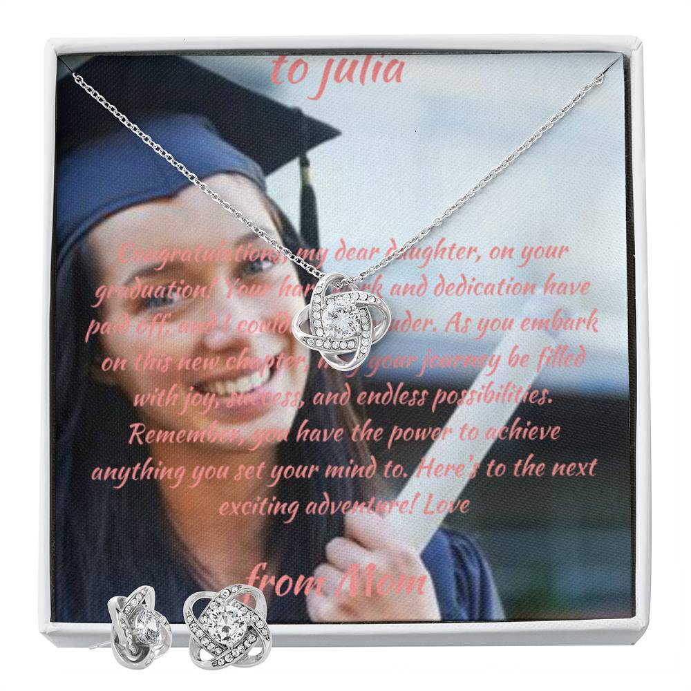 Regalo de graduación para hija | Tarjeta de mensaje personalizada y collar de nudos y aretes paquete