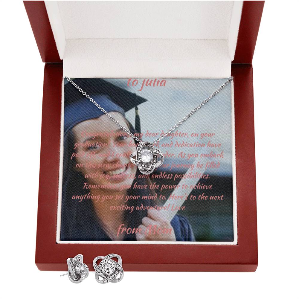 Cadeau de remise des diplômes pour sa fille | Carte de message personnalisée et collier de nœud et faisceau de boucles d'oreilles