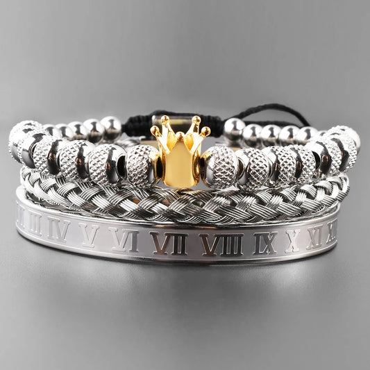 Mens Luxe Crown Bead Bracelet Stack