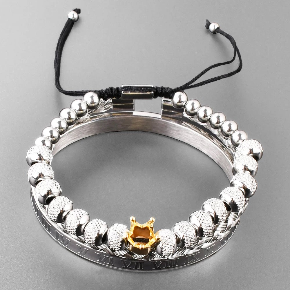 Mens Luxe Crown Bead Bracelet Stack