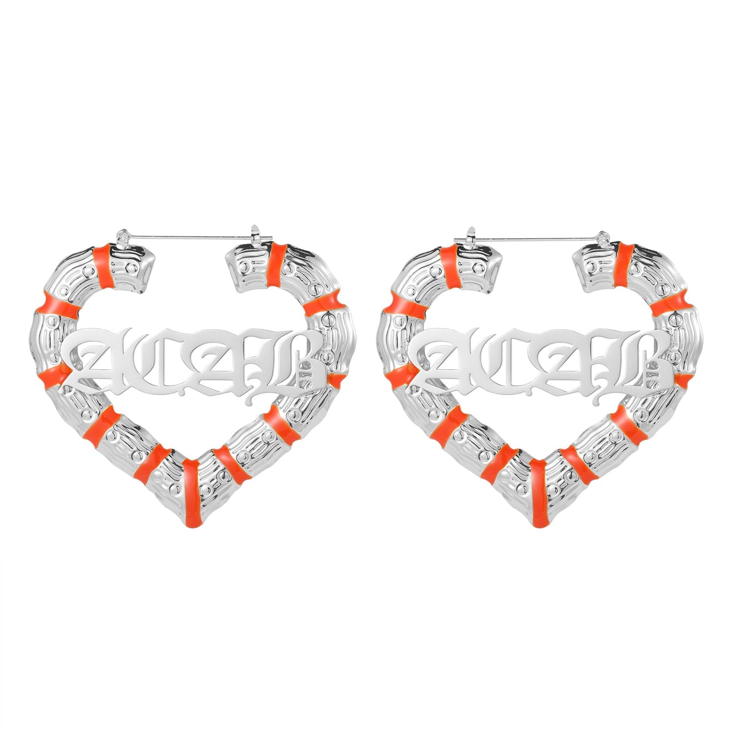 Pendientes de Bambú con Nombre de Corazón Naranja QE413